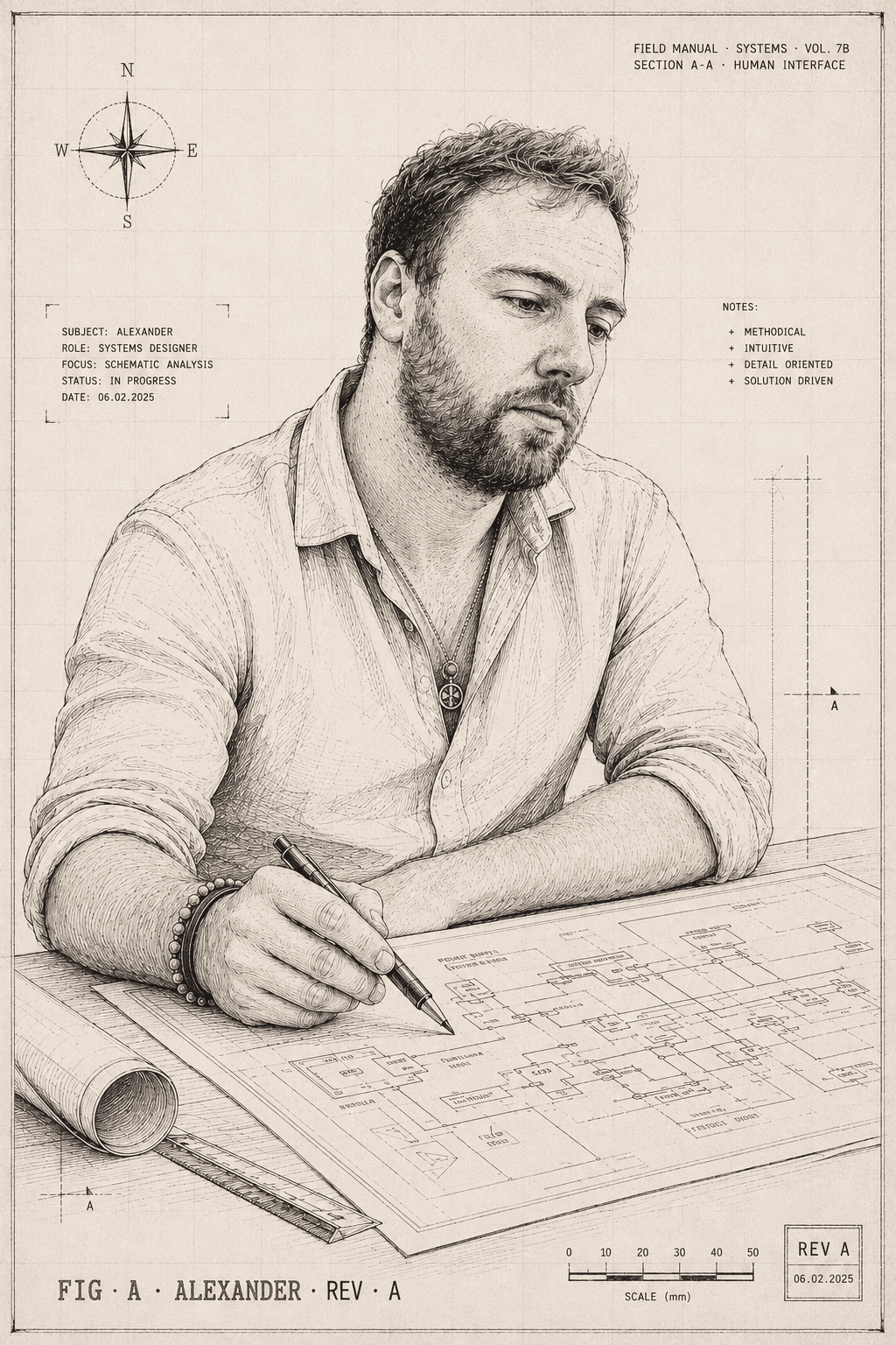 Alexander Habiby · drafting-table portrait, ink on cream paper. FIG · A · ALEXANDER · REV · A.