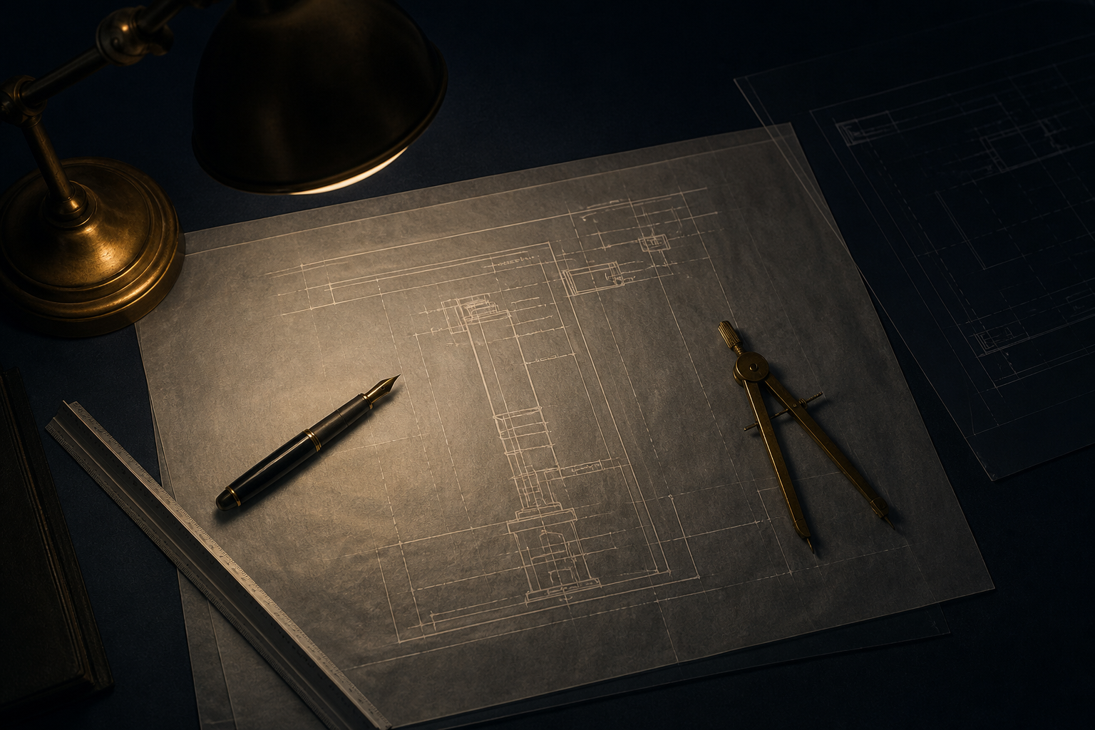 Drafting table at night — pen, scale ruler, compass, half-finished system diagram on vellum.